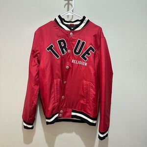 True Religion Red and Black Varsity Bomber Jacket